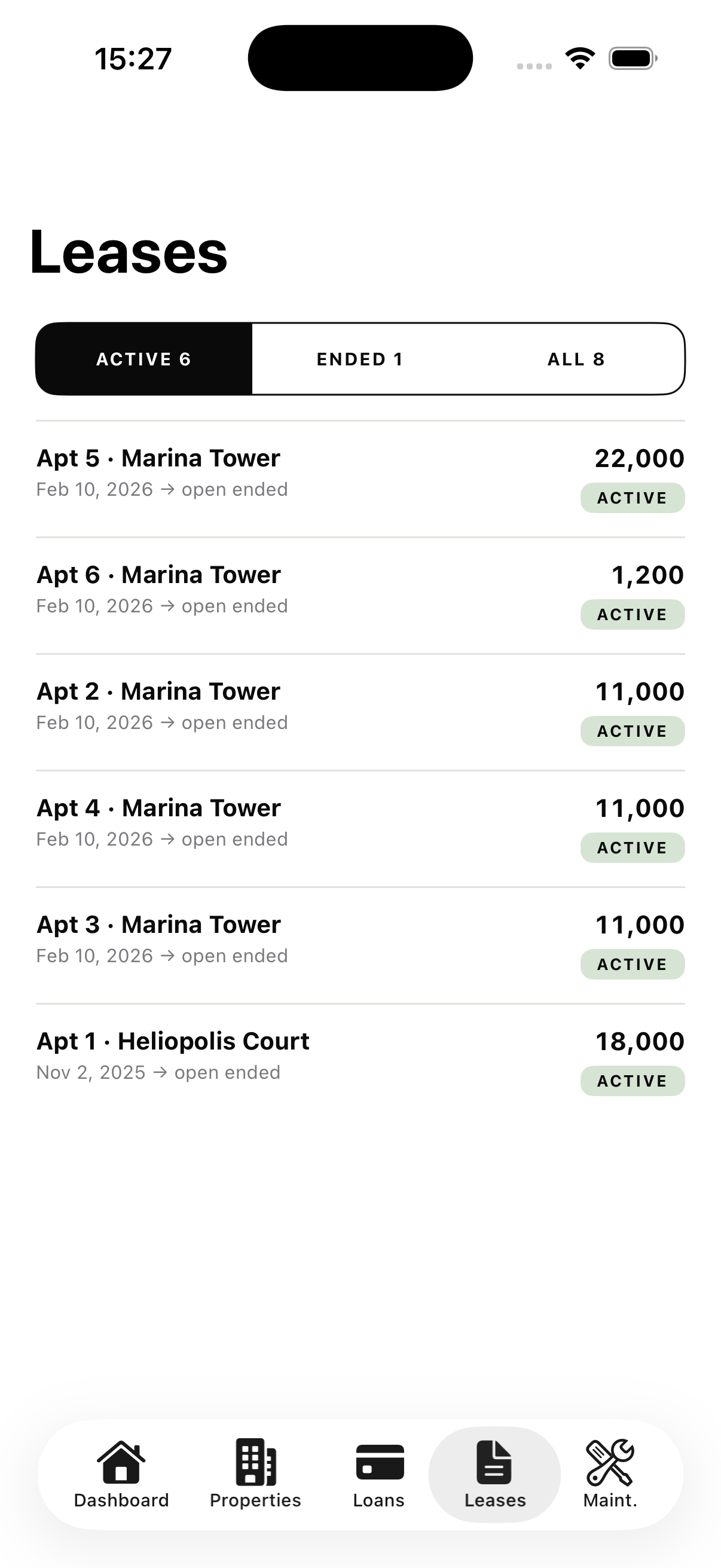 The app's Leases screen